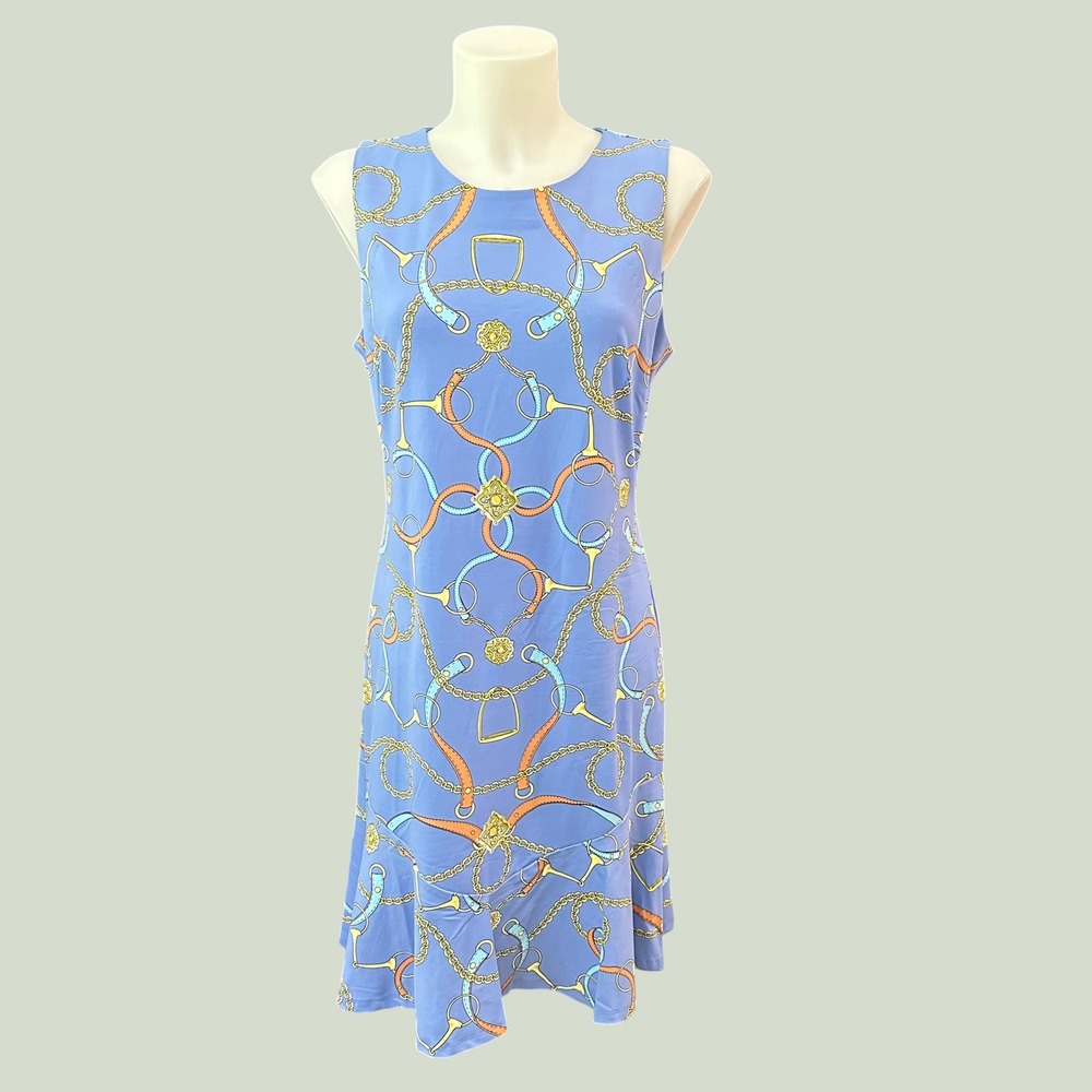 J. McLaughlin Carmen Flounce Dress Blue Chain Equestrian Print sz M